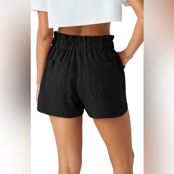 Paper Bag Waist Drawstring Multiple Pockets Curved Hem Casual Linen-Blend Short - Picture 4 of 16